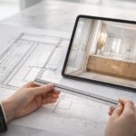 close-up shot of a designer's workspace. On the left side of the frame, there is a sharp, high-contrast printed architectural section drawing