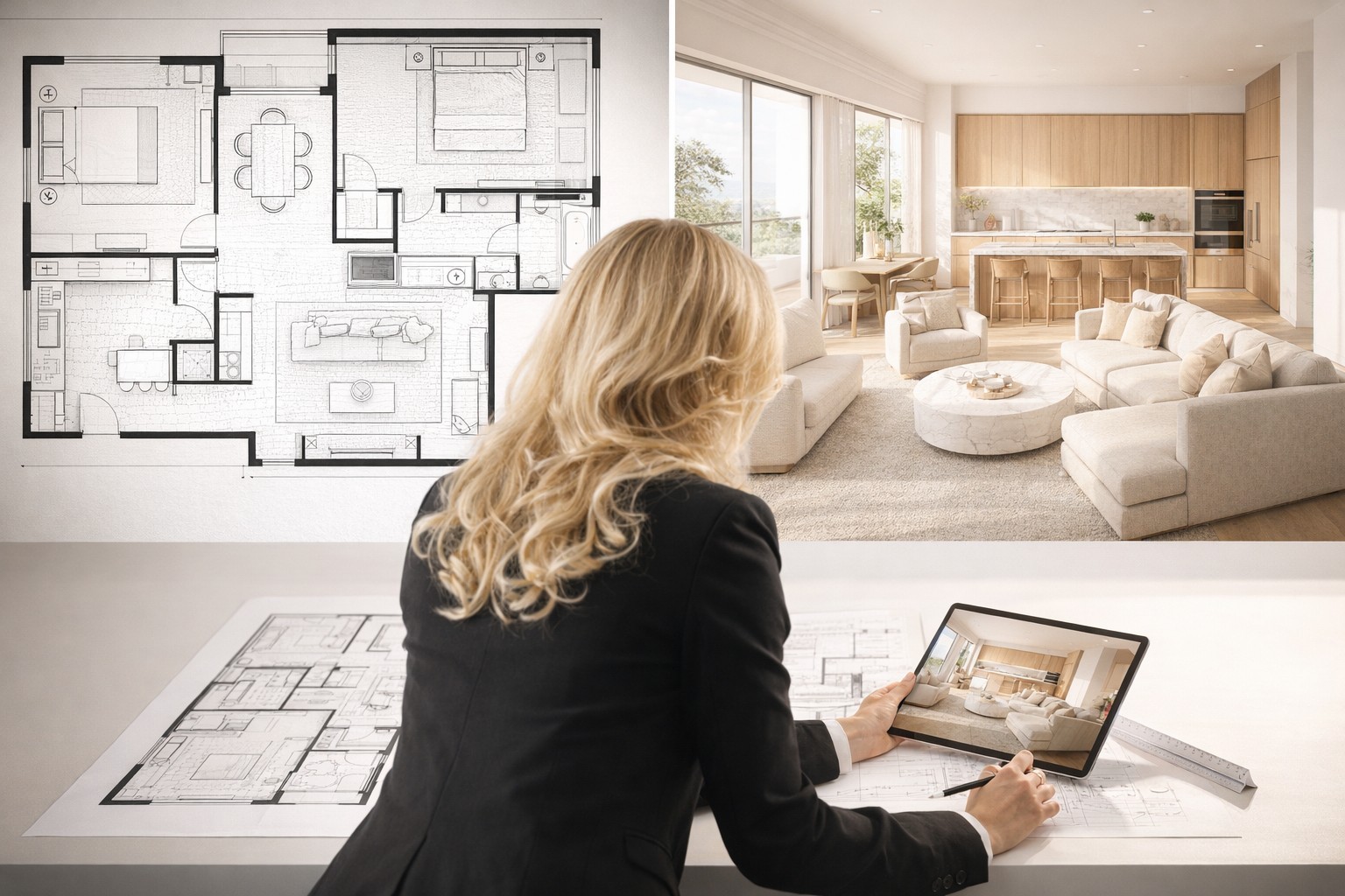 Nowoczesna luksusowa kuchnia z wyspą w beżach i marmurze, projekt Palos Verdes Estates